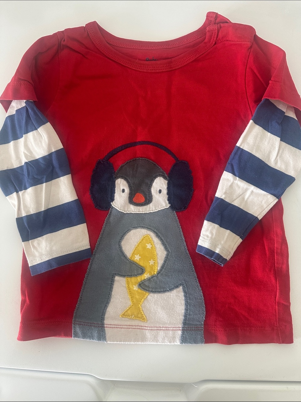 Mini Boden Red Long-Sleeve Penguin Appliqué Top with Striped Sleeves
